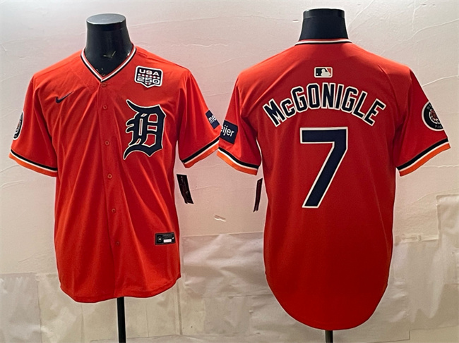 Personalized Men’s Detroit Tigers #7 Kevin McGonigle Orange 2026 Alternate With Meijer Patch & USA 250′ Patch Premier Limited Stitched Baseball Jersey