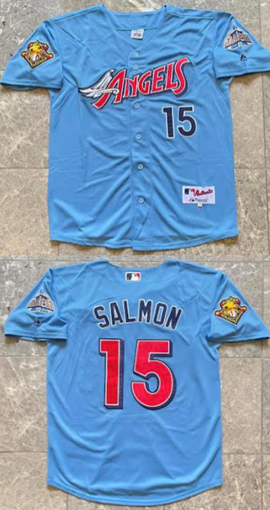 Personalized Men’s Los Angeles Angels #15 Tim Salmon Blue With 2001 American League Baseball Seasons 100th Anniversary Patch Stitched Baseball Jersey