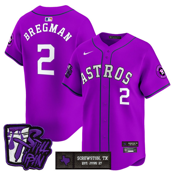 Personalized Men’s Houston Astros #2 Alex Bregman DJ Screw Still Tippin Purple Patch Limited Stitched Baseball Jersey