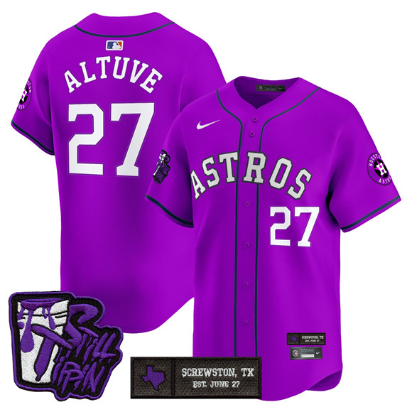 Personalized Men’s Houston Astros #27 Jose Altuve DJ Screw Still Tippin Purple Patch Limited Stitched Baseball Jersey