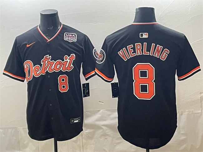 Personalized Men’s Detroit Tigers #8 Matt Vierling Black 2026 Alternate USA 250′ Patch Premier Limited Stitched Baseball Jersey