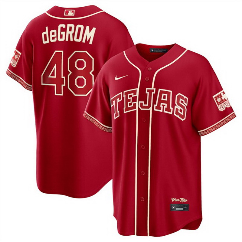 Personalized Men’s Texas Rangers #48 Jacob deGrom Red 2026 City Connect Stadium Stitched Baseball Jersey