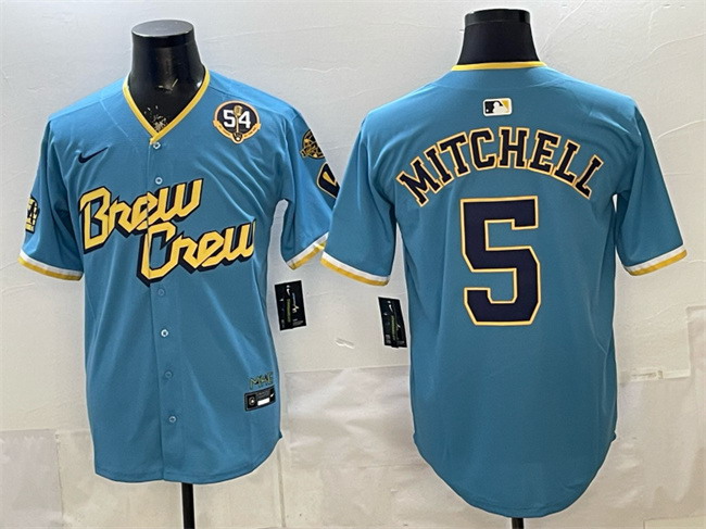 Personalized Men’s Milwaukee Brewers #5 Garrett Mitchell Powder Blue City Connect With Home & Bob Uecker Patch Limited Stitched Baseball Jersey