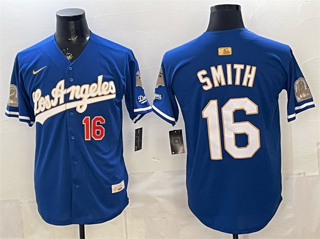 Personalized Men’s Los Angeles Dodgers #16 Will Smith Royal 2026 Gold Collection 9x & B2B Champs Patch Stitched Baseball Jersey