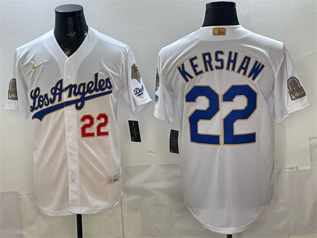 Personalized Men’s Los Angeles Dodgers #22 Clayton Kershaw White 2026 Gold Collection 9x & B2B Champs Patch Stitched Baseball Jersey