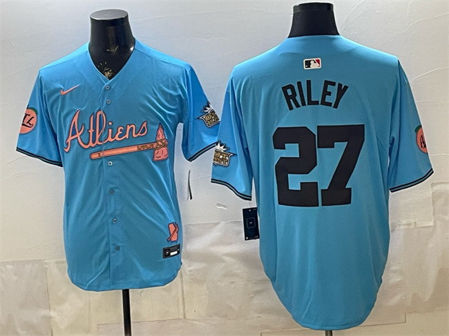 Personalized Men’s Atlanta Braves #27 Austin Riley Blue 2024 Atliens & Peach With Outkast Patch Limited Stitched Baseball Jersey