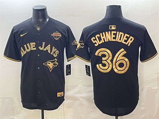Personalized Men’s Toronto Blue Jays #36 Davis Schneider Black Gold 2025 American League Champions Limited Stitched Baseball Jersey