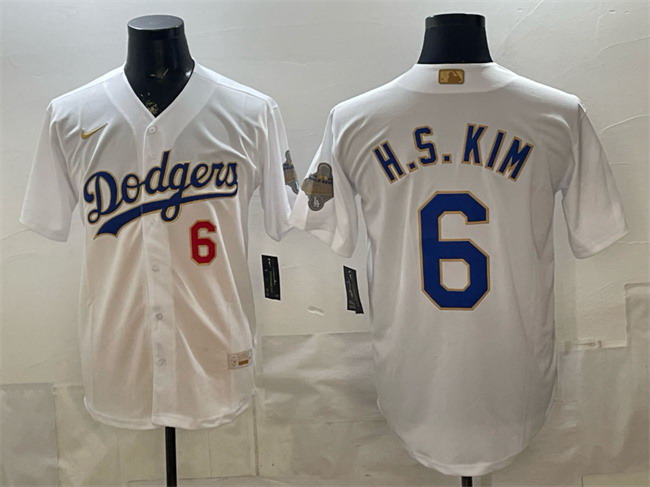 Personalized Men’s Los Angeles Dodgers #6 H.S.Kim White 2026 Gold Collection Stadium Stitched Baseball Jersey