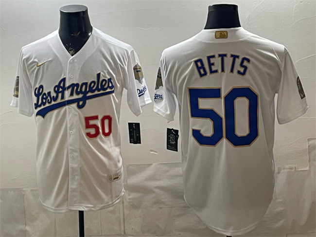 Personalized Men’s Los Angeles Dodgers #50 Mookie Betts White 2026 Gold Collection 9x & B2B Champs Patch Stitched Baseball Jersey