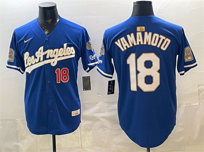 Personalized Men’s Los Angeles Dodgers #18 Yoshinobu Yamamoto Royal 2026 Gold Collection 9x & B2B Champs Patch Stitched Baseball Jersey
