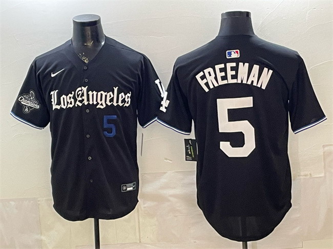 Personalized Men’s Los Angeles Dodgers #5 Freddie Freeman Black 2025 World Series Champions Patch ‘Gothic Edition’ Premier Limited Stitched Baseball Jersey