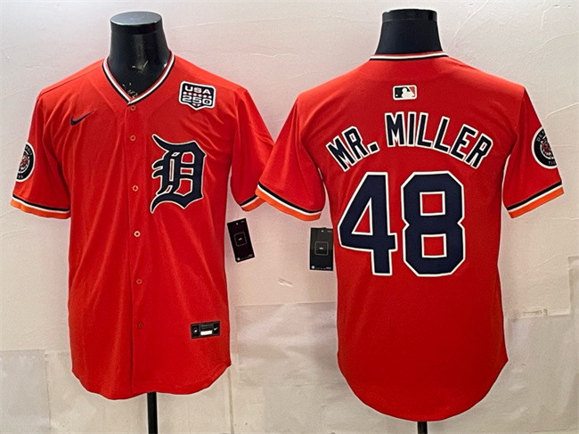 Personalized Men’s Detroit Tigers #48 Mr. Miller Orange 2026 Alternate USA 250′ Patch Premier Limited Stitched Baseball Jersey