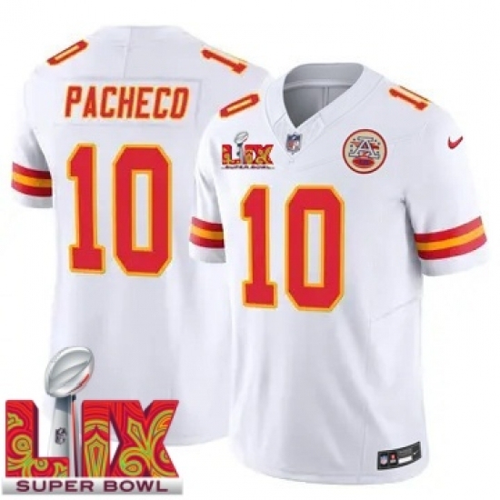 Personalized Youth Kansas City Chiefs Isiah Pacheco #10 White 2024 2025 Super Bowl LIX F U S E Stitched Jersey