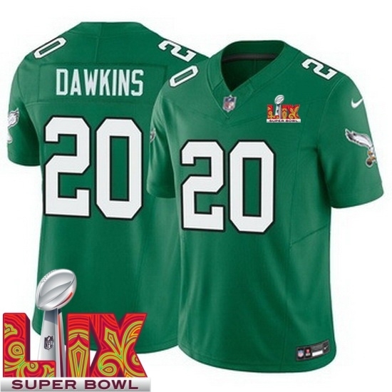 Personalized Youth Philadelphia Eagles Brian Dawkins #20 Kelly Green 2024 2025 Super Bowl LIX F U S E Stitched NFL Jersey