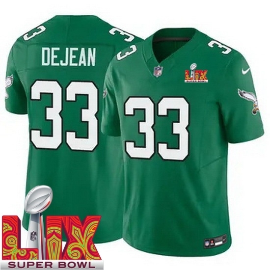 Personalized Youth Philadelphia Eagles Cooper DeJean #33 Kelly Green 2024 2025 Super Bowl LIX F U S E Stitched NFL Jersey