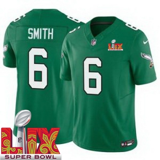 Personalized Youth Philadelphia Eagles DeVonta Smith #6 Kelly Green 2024 2025 Super Bowl LIX F U S E Stitched NFL Jersey