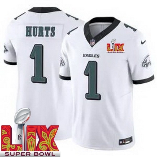 Personalized Youth Philadelphia Eagles Jalen Hurts #1 White 2024 2025 Super Bowl LIX F U S E Stitched NFL Jersey