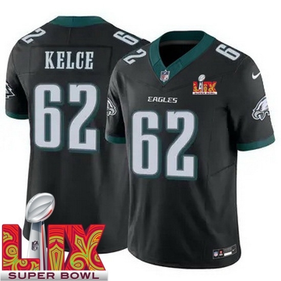 Personalized Youth Philadelphia Eagles Jason Kelce #62 Black 2024 2025 Super Bowl LIX F U S E Stitched NFL Jersey