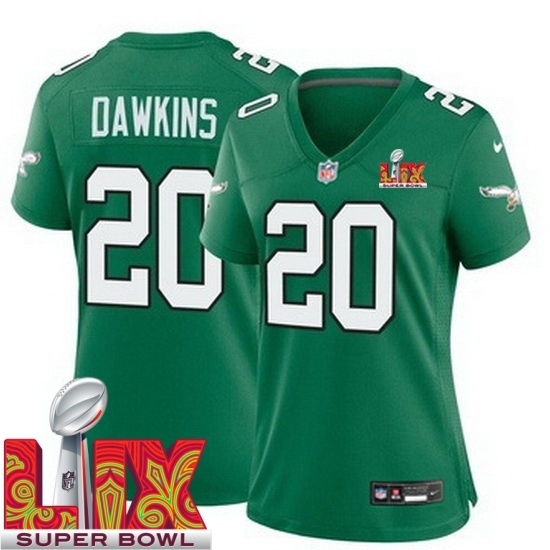 Personalized Women Philadelphia Eagles Brian Dawkins #20 Kelly Green 2024 2025 Super Bowl LIX F U S E Stitched NFL Jersey