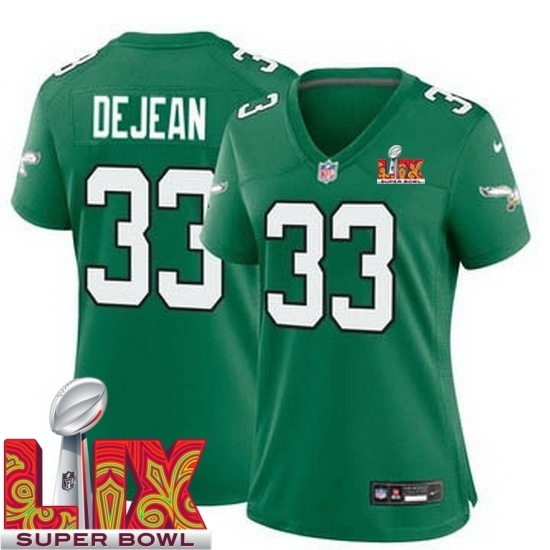 Personalized Women Philadelphia Eagles Cooper DeJean #33 Kelly Green 2024 2025 Super Bowl LIX F U S E Stitched NFL Jersey