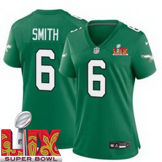Personalized Women Philadelphia Eagles DeVonta Smith #6 Kelly Green 2024 2025 Super Bowl LIX F U S E Stitched NFL Jersey