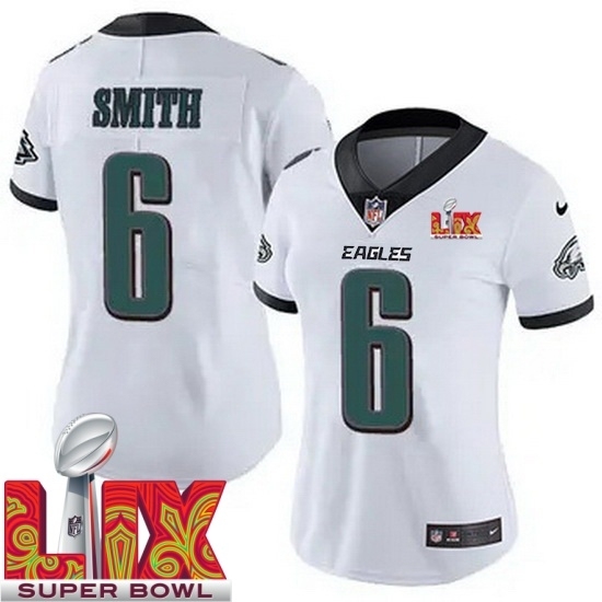 Personalized Women Philadelphia Eagles DeVonta Smith #6 White 2024 2025 Super Bowl LIX F U S E Stitched NFL Jersey