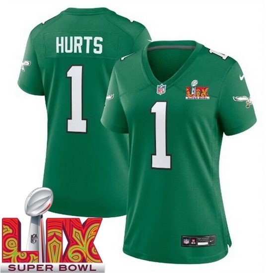 Personalized Women Philadelphia Eagles Jalen Hurts #1 Kelly Green 2024 2025 Super Bowl LIX F U S E Stitched NFL Jersey