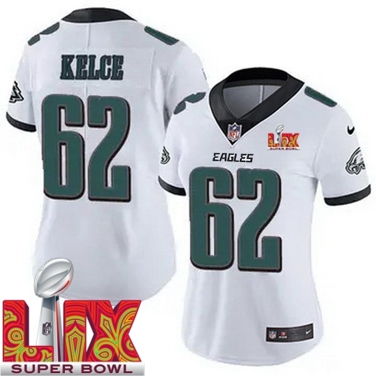 Personalized Women Philadelphia Eagles Jason Kelce #62 White 2024 2025 Super Bowl LIX F U S E Stitched NFL Jersey