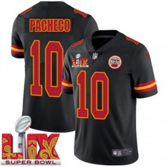 Personalized Men’s Kansas City Chiefs Isiah Pacheco #10 Black 2024 2025 Super Bowl LIX F U S E Stitched Jersey