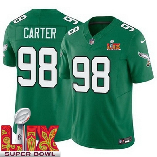 Personalized Men’s Philadelphia Eagles Jalen Carter #98 Kelly Green 2024 2025 Super Bowl LIX F U S E Stitched NFL Jersey