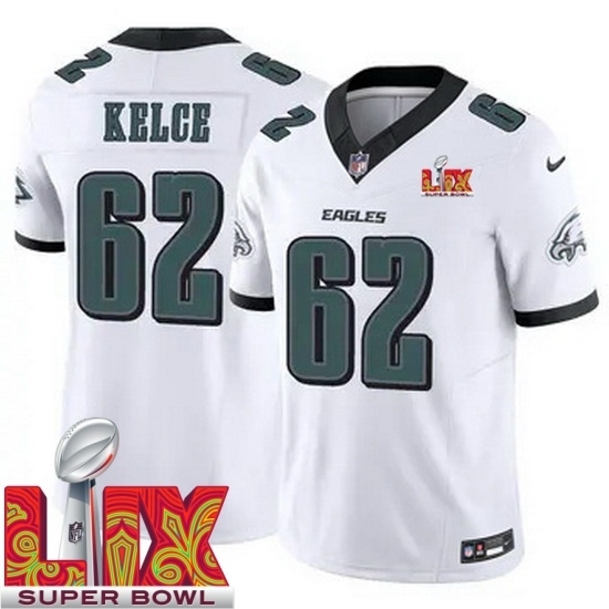 Personalized Men’s Philadelphia Eagles Jason Kelce #62 White 2024 2025 Super Bowl LIX F U S E Stitched NFL Jersey