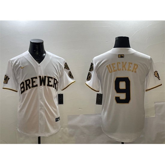 Personalized Men’s Milwaukee Brewers #9 Bob Uecker White Gold With Home Limited Stitched Baseball Jersey
