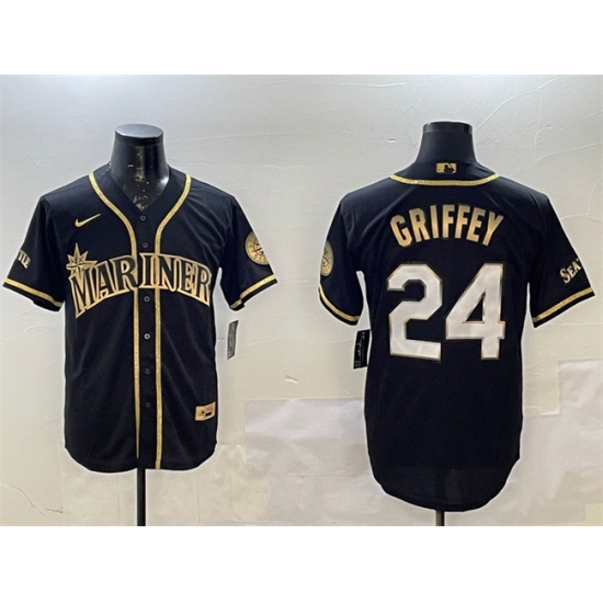 Personalized Men’s Seattle Mariners #24 Ken Griffey Jr. Black Gold Cool Base Stitched Baseball Jersey