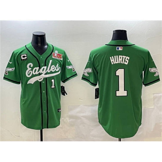Personalized Men’s Philadelphia Eagles #1 Jalen Hurts Green 2025 Super Bowl LIX And 3-Star C Stitched Baseball Jersey