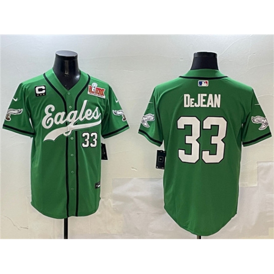 Personalized Men’s Philadelphia Eagles #33 Cooper DeJean Green 2025 Super Bowl LIX And 3-Star C Stitched Baseball Jersey