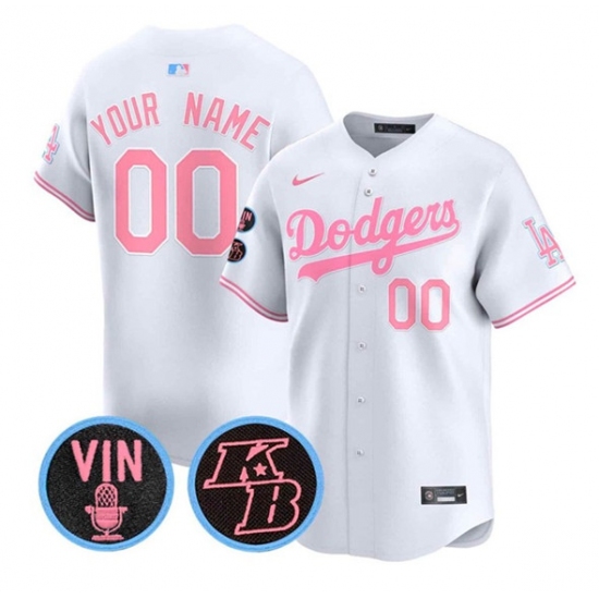 Personalized Men’s Los Angeles Angels Active Player White Pink With Vin & Kobe Patch Limited Stitched Baseball Jersey