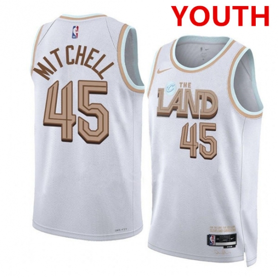 Personalized Youth Cleveland Cavaliers #45 Donovan Mitchell White City Edition Stitched Jersey