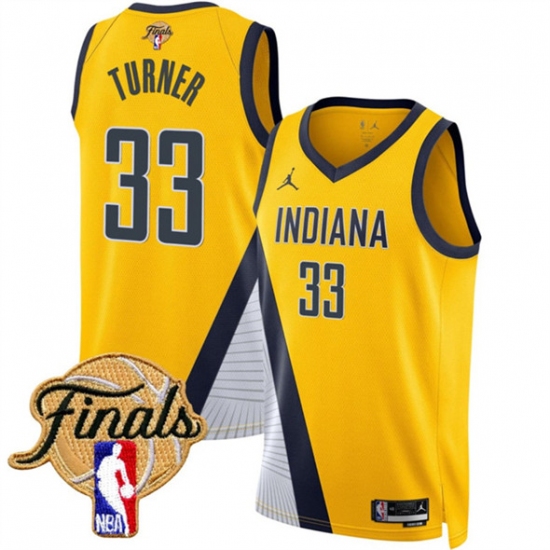 Personalized Men’s Indiana Pacers #33 Myles Turner Yellow 2025 Finals Statement Edition Stitched Basketball Jersey
