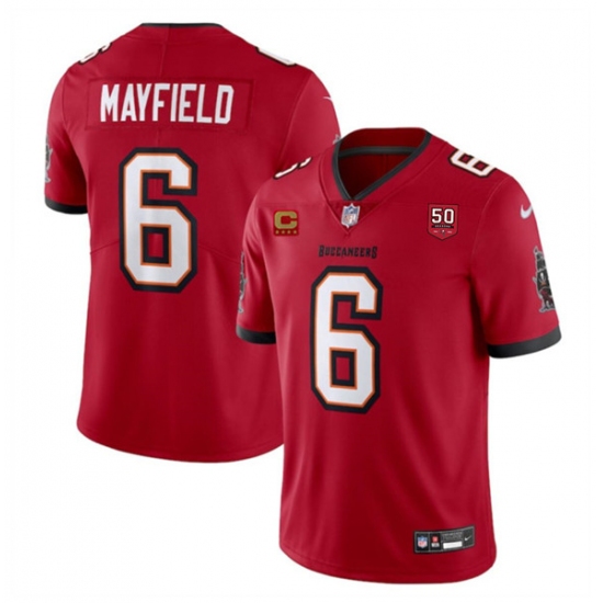 Personalized Men’s Tampa Bay Buccaneers #6 Baker Mayfield Red 2025 50th Anniversary And 4-Star C Untouchable Limited Football Stitched Jersey