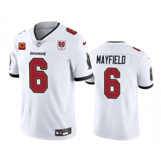 Personalized Men’s Tampa Bay Buccaneers #6 Baker Mayfield White 2025 50th Anniversary And 4-Star C Untouchable Limited Football Stitched Jersey