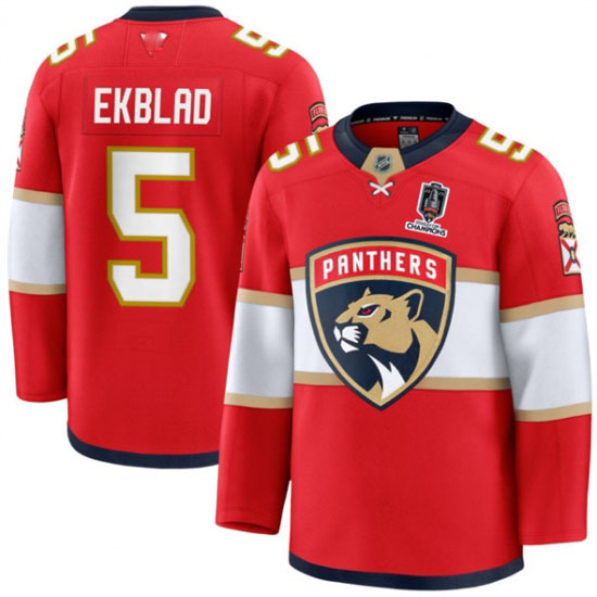 Personalized Men’s Florida Panthers #5 Aaron Ekblad Red Home 2025 Stanley Cup Champions Stitched Jersey