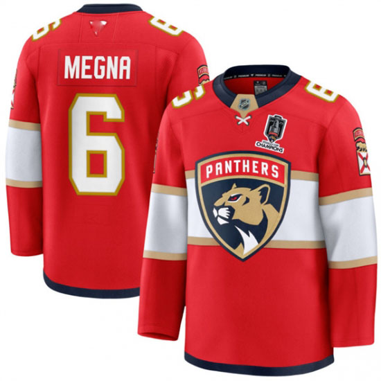Personalized Men’s Florida Panthers #6 Jaycob Megna Red Home 2025 Stanley Cup Champions Stitched Jersey