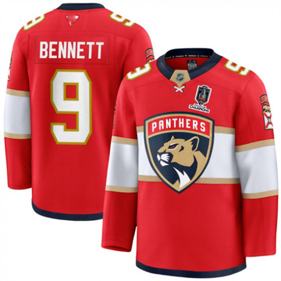 Personalized Men’s Florida Panthers #9 Sam Bennett Red Home 2025 Stanley Cup Champions Stitched Hockey Jersey