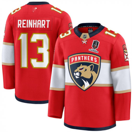 Personalized Men’s Florida Panthers #13 Sam Reinhart Red Home 2025 Stanley Cup Champions Stitched Hockey Jersey