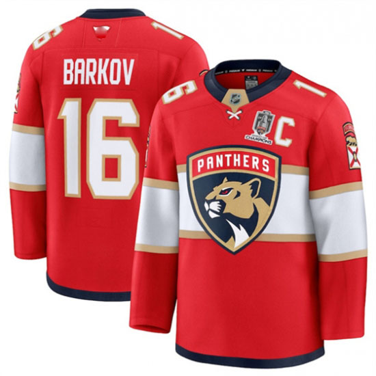 Personalized Men’s Florida Panthers #16 Aleksander Barkov Red Home 2025 Stanley Cup Champions & C Stitched Hockey Jersey