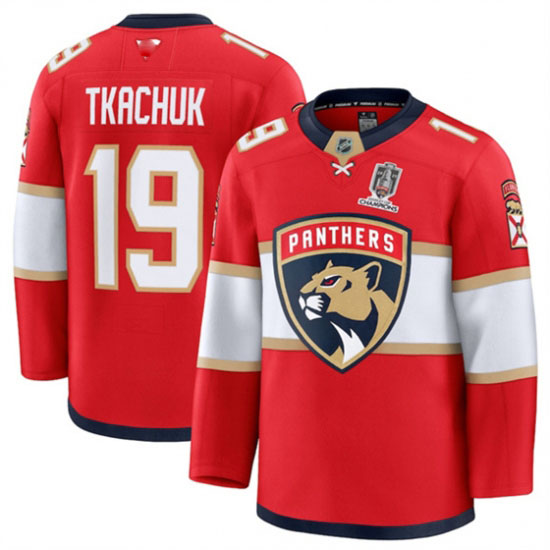 Personalized Men’s Florida Panthers #19 Matthew Tkachuk Red Home 2025 Stanley Cup Champions Stitched Hockey Jersey