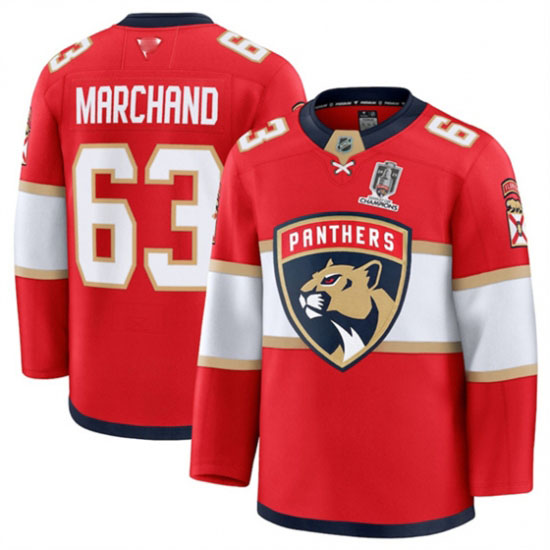 Personalized Men’s Florida Panthers #63 Brad Marchand Red Home 2025 Stanley Cup Champions Stitched Hockey Jersey