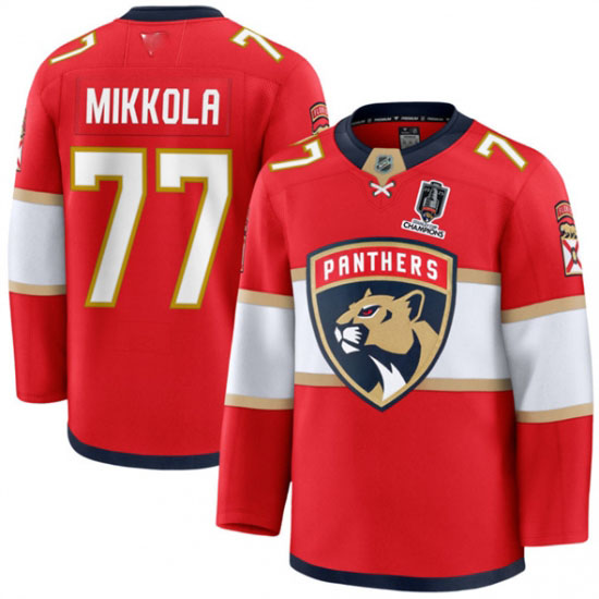 Personalized Men’s Florida Panthers #77 Niko Mikkola Red Home 2025 Stanley Cup Champions Stitched Jersey