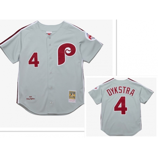 Personalized Men’s Philadelphia Phillies #4 Lenny Dykstra Mitchell and Ness Grey 1989 Throwback Stitched MLB Jersey