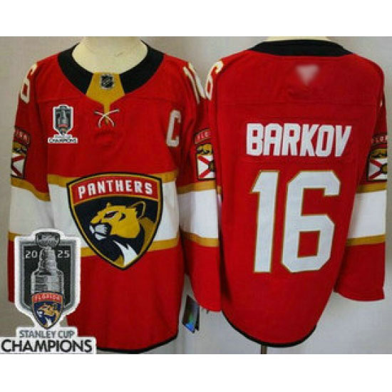 Personalized Men’s Florida Panthers #16 Aleksander Barkov Red 2025 Stanley Cup Champions Authentic Jersey